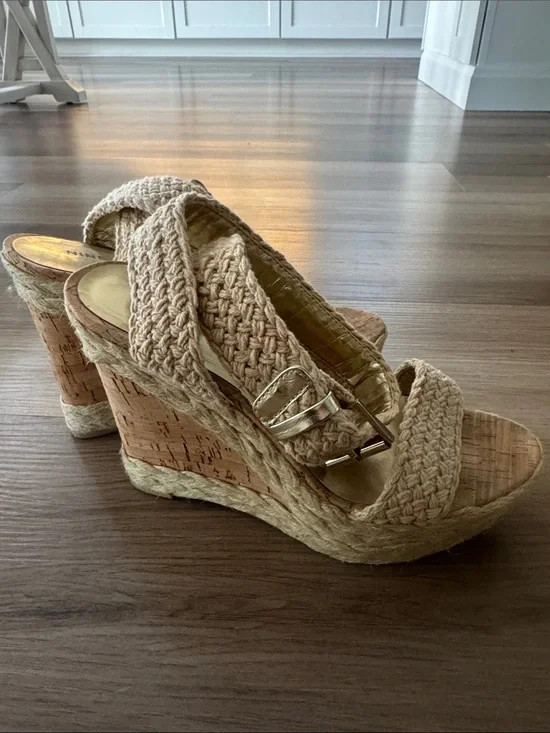 Nine West Natural Braided Espadrille Cork Wedge Sandals