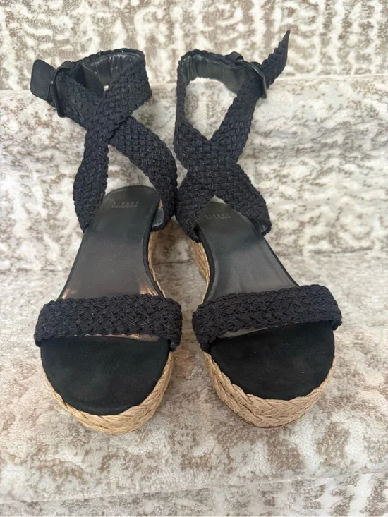 Stuart Weitzman Black Braided Espadrille Wedge Sandals