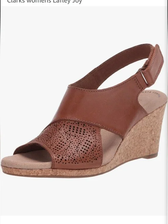 Clarks Lafley Joy Tan Leather Perforated Cork Wedge Slingback Sandals Sz 8.5