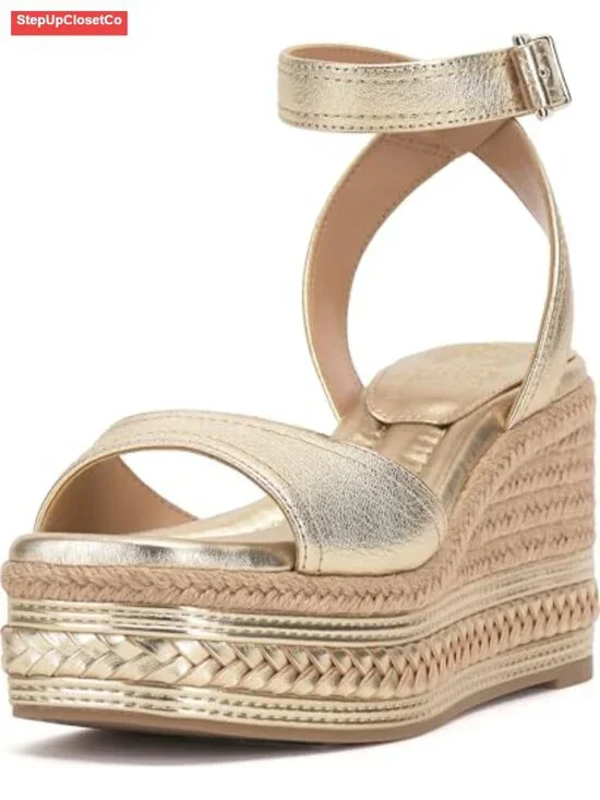 Espadrille Wedge Sandals, Leather, Open Toe, Ankle Strap, Buckle Closure,