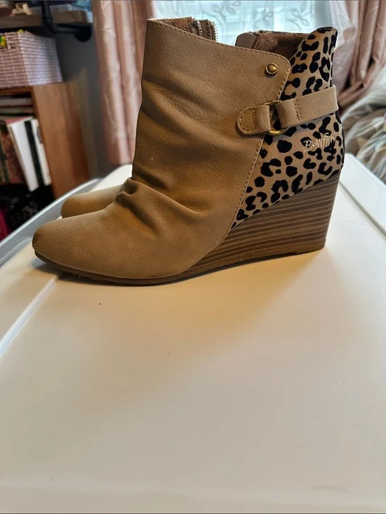 Blowfish Leopard-Accent Taupe Wedge Bootie - Women