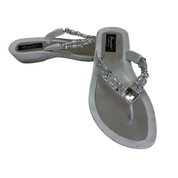 Grandco Womens‎ White Silver Jeweled Wedge Flip Flop Sandals Size 8 Boho Glam