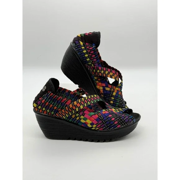 Bernie Mev Wedge Sandals Women 36 Multi Color Woven Elastic Platform Rainbow
