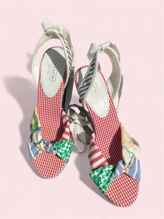 Coach Red Gingham & Multicolor Scarf-Knot Tie-Wrap Wedge Sandals