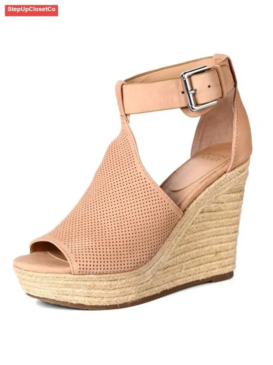 High Quality Cowhide Leather Peep Toe Wedge Sandals with Adjustable Ankle Strap