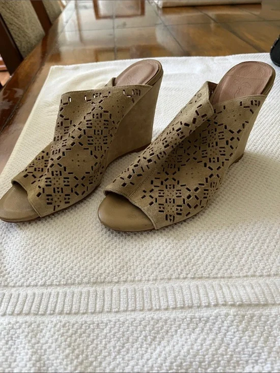Joie Taupe Cutout Suede Wedge Mules