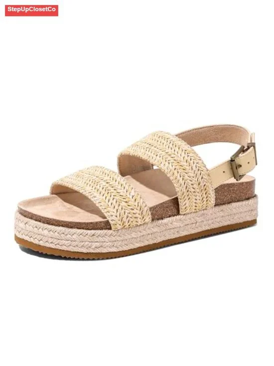 Handwoven Straw Wedge Sandals with Arch Support Adjustable Buckle