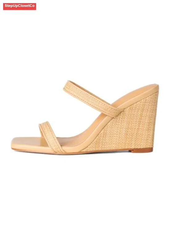 Women's Square Toe Wedge Sandals Espadrilles Slip On Heels Beach Vacation