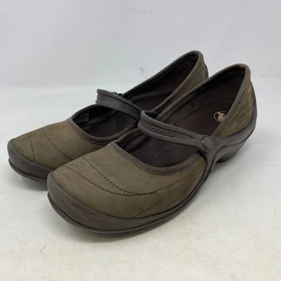 Crocs Womens Brown Nubuck Leather Mary Jane Wedge Shoes‎ Comfort 10889 Size 9