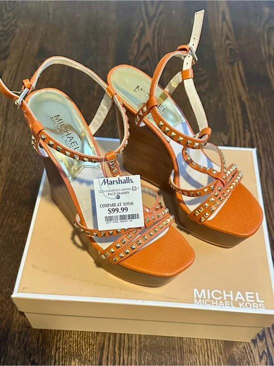 MICHAEL Michael Kors Orange Studded Cork Wedge Sandals