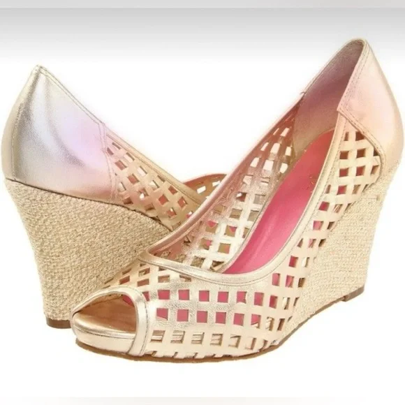 Lilly Pulitzer Metallic Gold Peep-Toe Wedge Heels