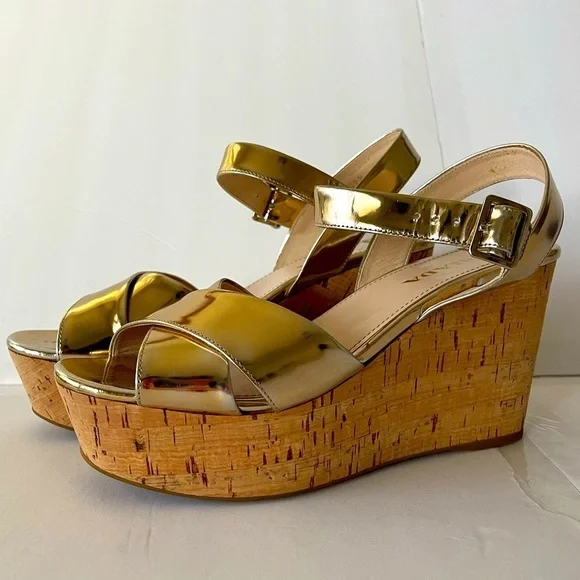 Prada Gold Metallic Cork Wedge Sandals