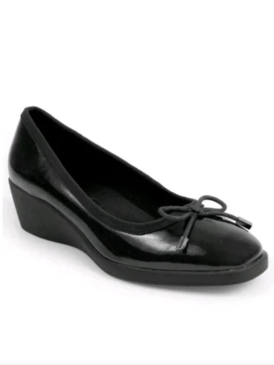 Aerosoles Tema Wedge Ballet Shoes Slip-On Black Patent Bow Detail Comfort Sz 8.5
