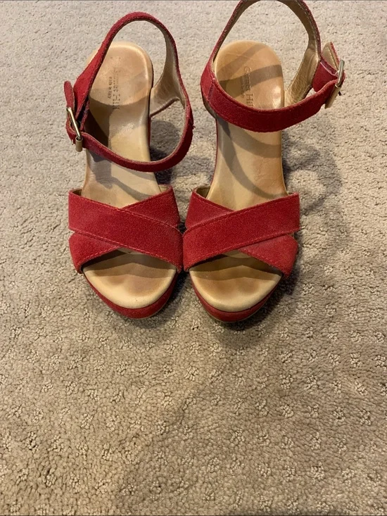 Garnet Hill Red Suede Crisscross Ankle Strap Wedge Sandals