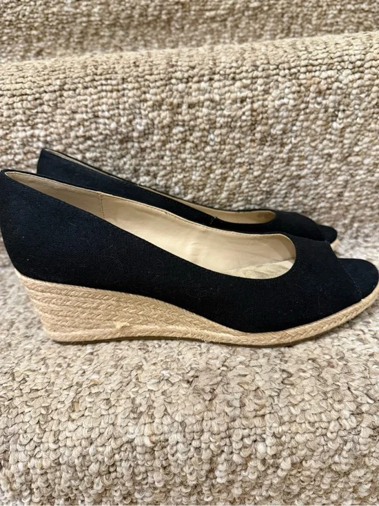 Bandolino Black Canvas Peep-Toe Espadrille Wedges