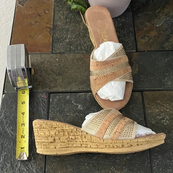 Onex‎ Style Blanche Wedge Slide Sandal in Cork & Neutral size 9 New -Rhinestones