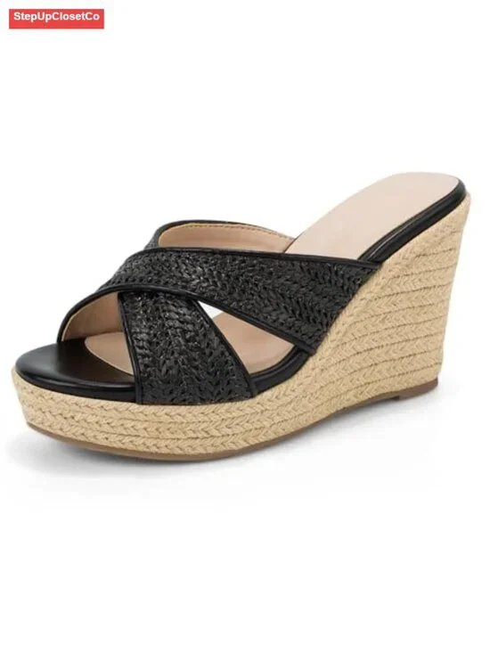 Womens Wedge Platform Sandals Raffia Woven Espadrilles Open Toe Slip On