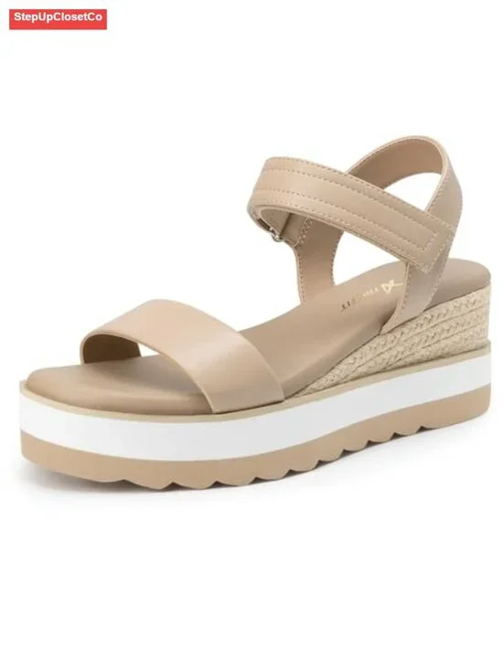 Espadrille Wedge Sandals - Open Toe Ankle Strap PU Leather Platform
