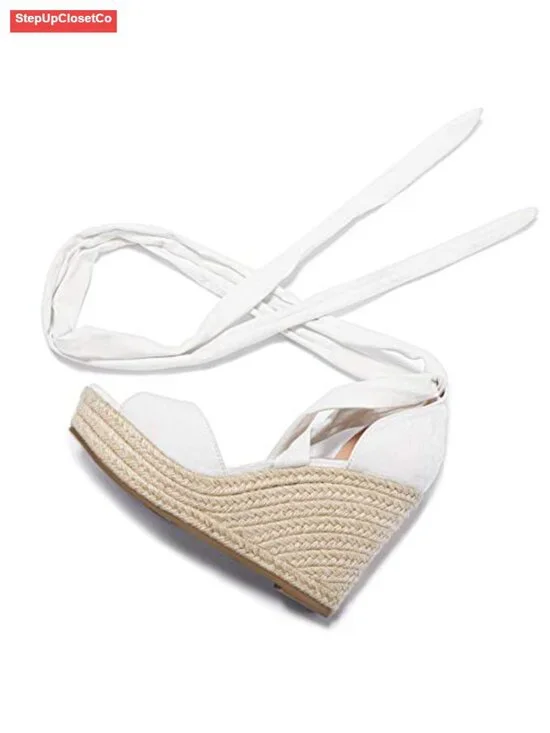 Faux Suede Lace Up Espadrille Platform Wedge Sandals Heels Ankle Strap
