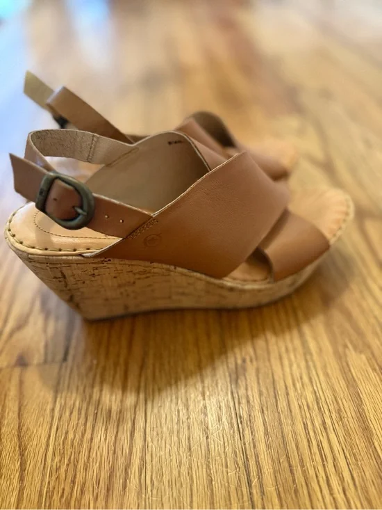 Born Tan Leather Cork Wedge Sandals