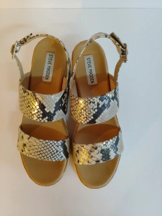 Steve Madden Metallic Snake-Print Wedge Sandals in Gold and Black