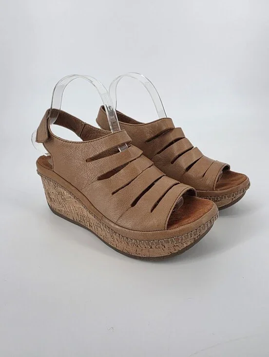Bussola Formentera Toffee Leather Cork Wedge Sandals, Sz 40