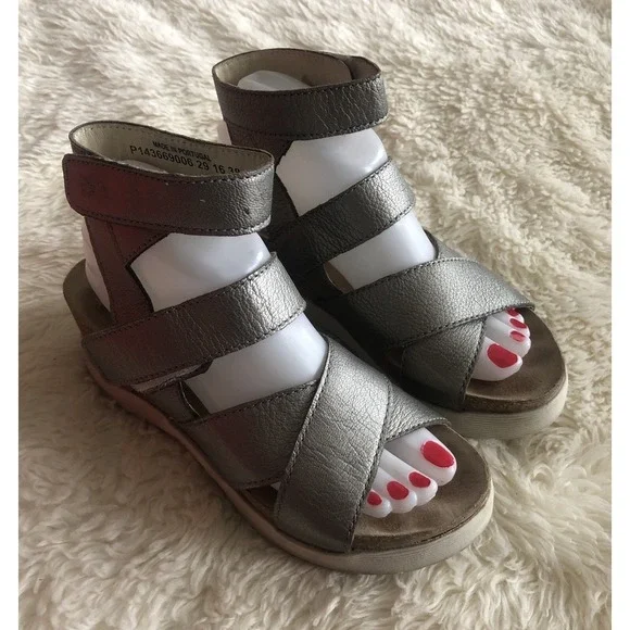 Fly London Wedge Sandals Silver Leather Ankle Strap Wege669fly  US 7-7.5 EUR 38