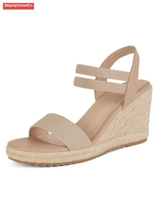 Slip On Espadrille Wedge Sandals - Elastic Strap Platform Heels for Dressy