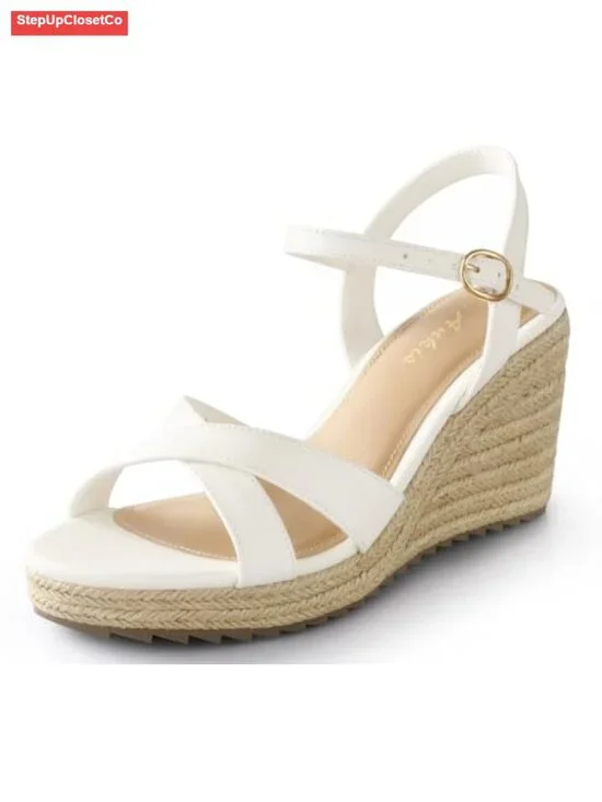 Women's Espadrille Wedge Sandals, Open Toe Ankle Strap PU Wedge Heels
