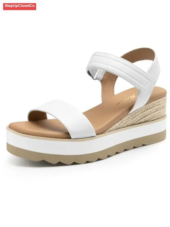 Espadrille Wedge Sandals, Open Toe Ankle Strap Low Heel Platform Sandals, PU