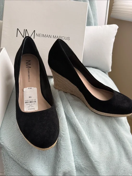 Neiman Marcus Black Suede Espadrille Wedge Pumps
