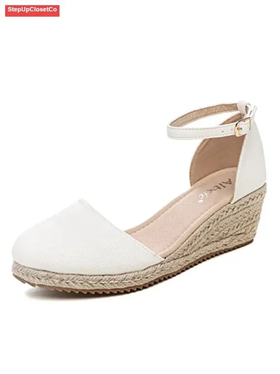 Women's Closed Toe Canvas Ankle Strap Espadrilles Wedge Sandals