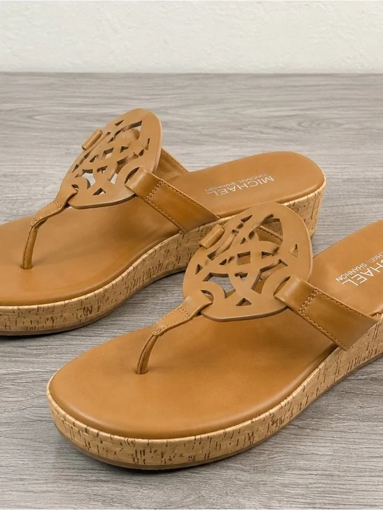 Michael by Michael Shannon Brown Cork Wedge Thong Sandals Women’s Size 9