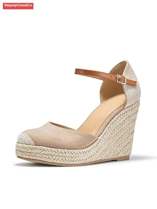 Women's Espadrille Heel Platform Wedge Sandals Ankle Buckle Strap Closed Toe