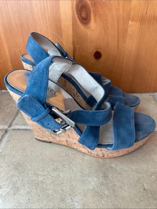 Michael Kors Blue Suede Cork Wedge Sandals - Size 7