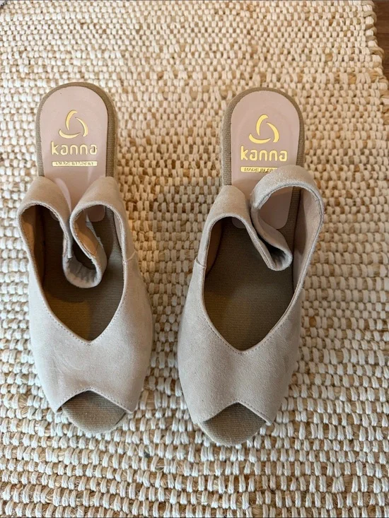 New kana Taupe Suede Peep-Toe Slide Heels