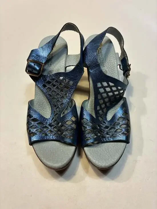 Eric Michael Metallic Blue Leather Cutout Wedge Sandals Made in Portugal
