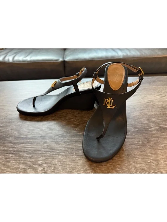 Lauren Ralph Lauren Jeannie Black Wedge Thong Sandals Gold RL Logo Women’s 9.5