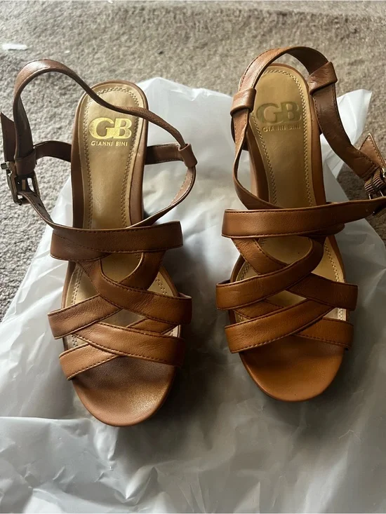 Gianni Bini Brown Leather Strappy Heeled Sandals