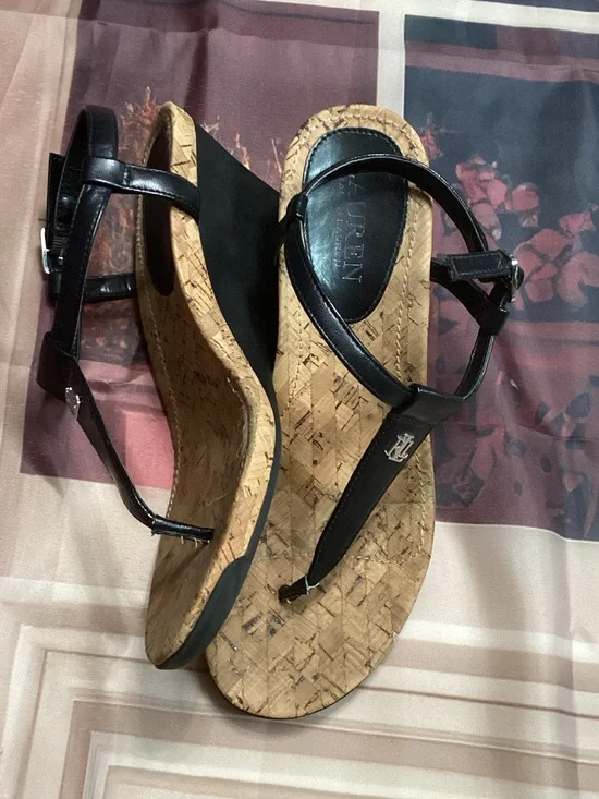 Ralph Lauren Black Cork Wedge Thong Sandals with Ankle Strap  Size not marked