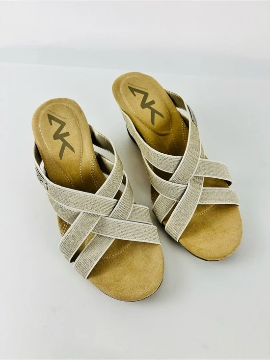 Anne Klein Sport Lakeisha Wedge Sandals Gold Shimmer Textile Bands Size 8