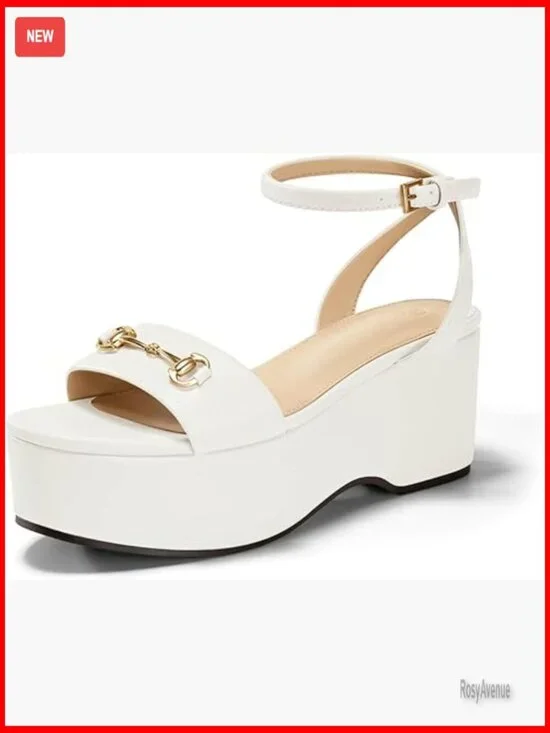 Women's Platform Wedge Sandals with Ankle Strap and Metal Buckle