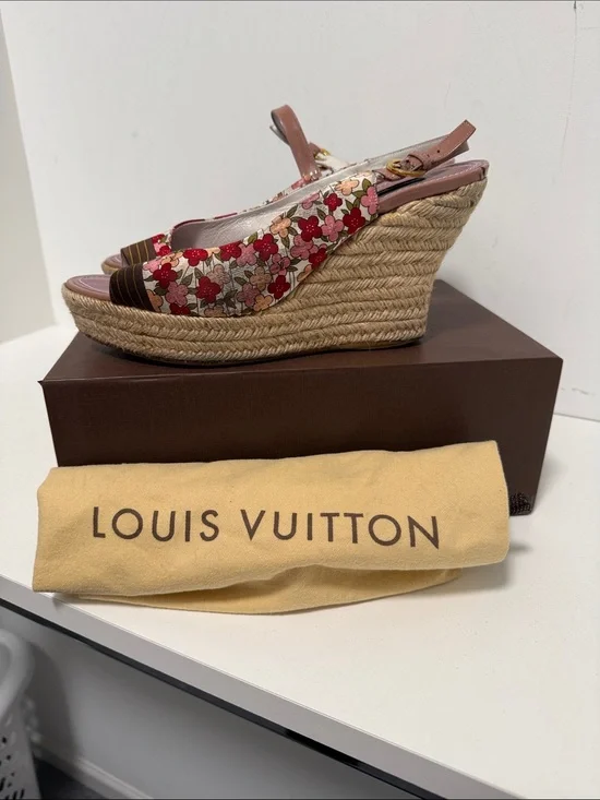 Louis Vuitton Floral Canvas Espadrille Wedge Sandals in Red, Pink and Brown