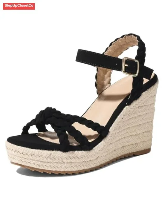 Wedge Sandals Braided Bow Espadrilles Platform Open Toe Ankle Strap