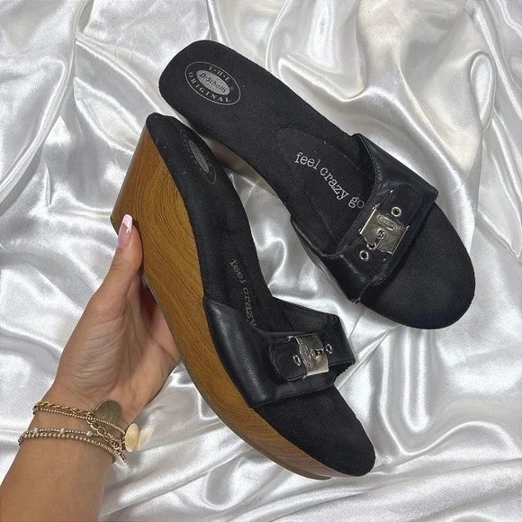 y2k Dr. Scholl's Wedge Sandals Black Excellent Leather Buckle Slide Platform 10M