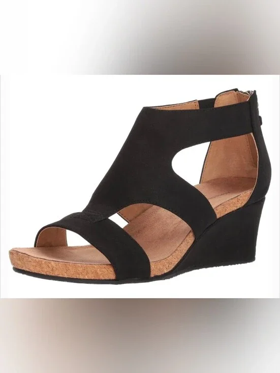 Adrienne Vittadini Black Tricia  Wedge Sandals Back Zip Cork Plataform 6.5