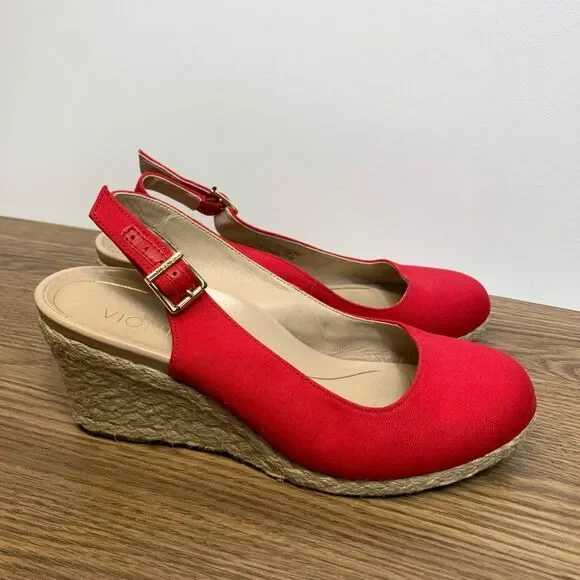 Vionic Caralina Espadrilles Wedge‎ Jute Slingback Women Red Shoes Heels 9.5 Wide