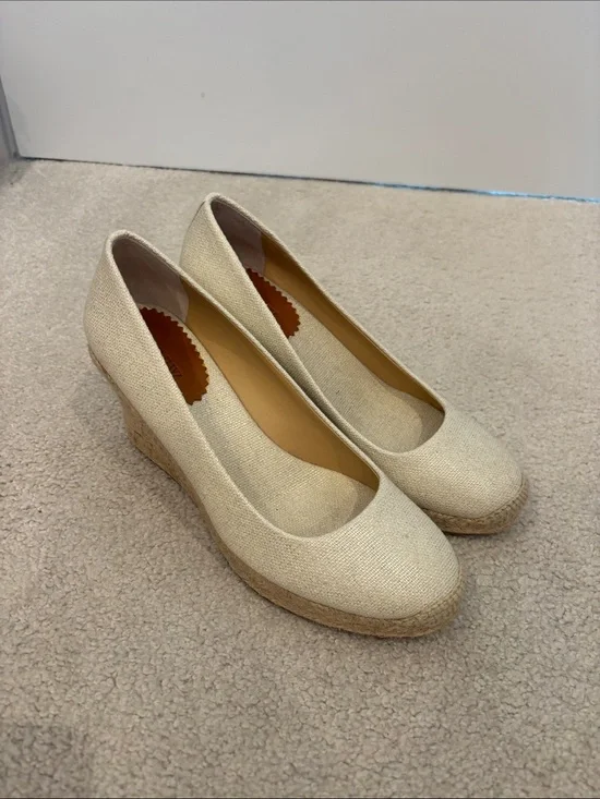 J. Crew Linen Espadrille Wedge Pumps in Beige