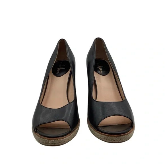 Cole Haan Black Leather Peep-Toe Wedge Espadrilles