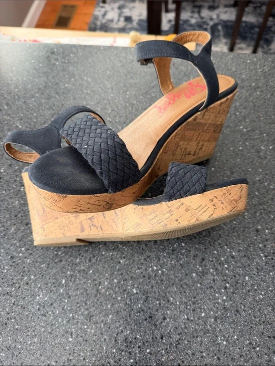 Wedge Sandals with Cork Platform - Navy